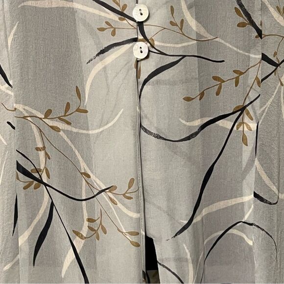 Vintage 100% Silk Floral Print Tunic Long Sleeve Button Up Split Hem Blue Top L - Picture 5 of 16